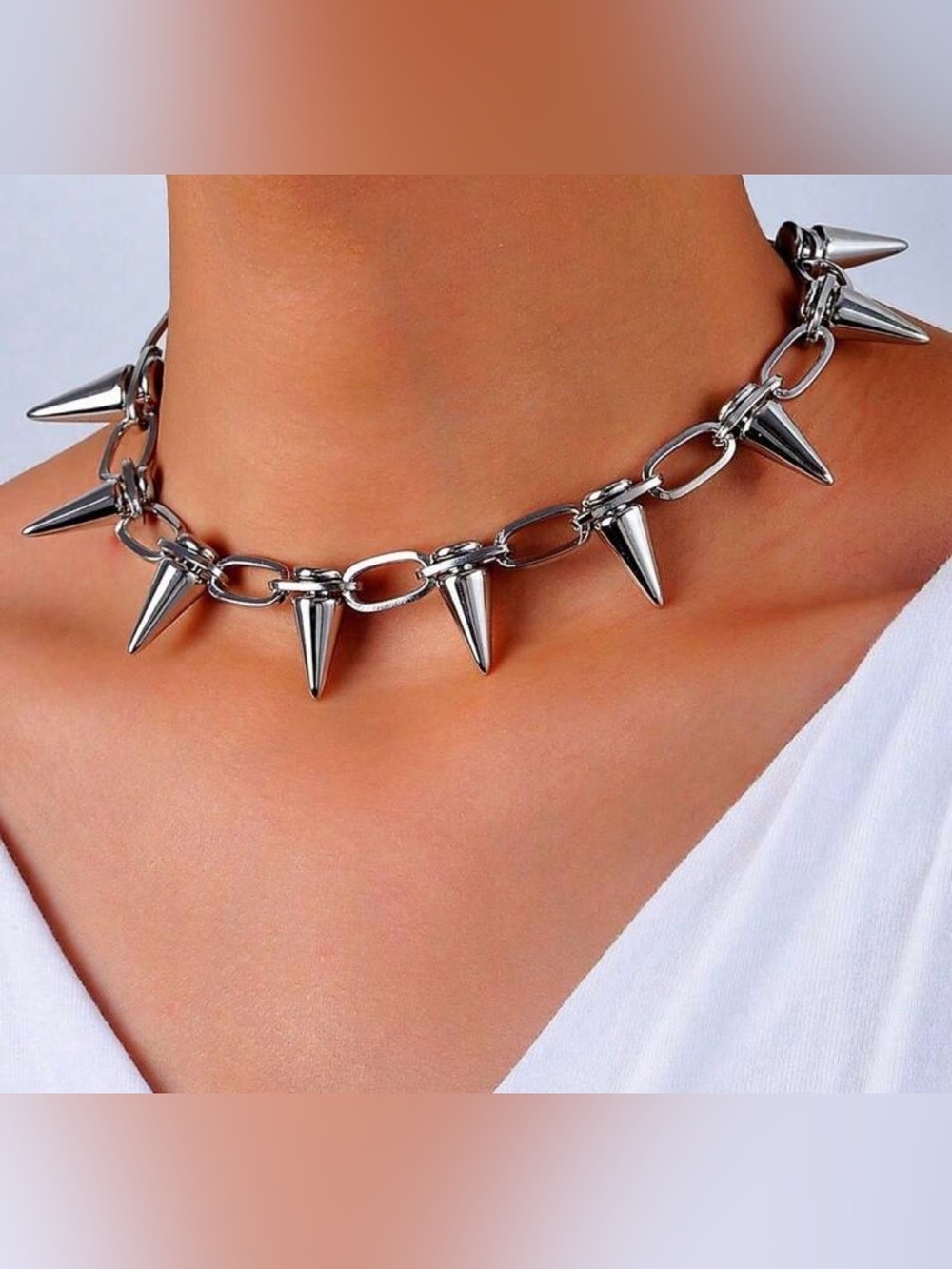 Silver Spike Chain Choker Necklace